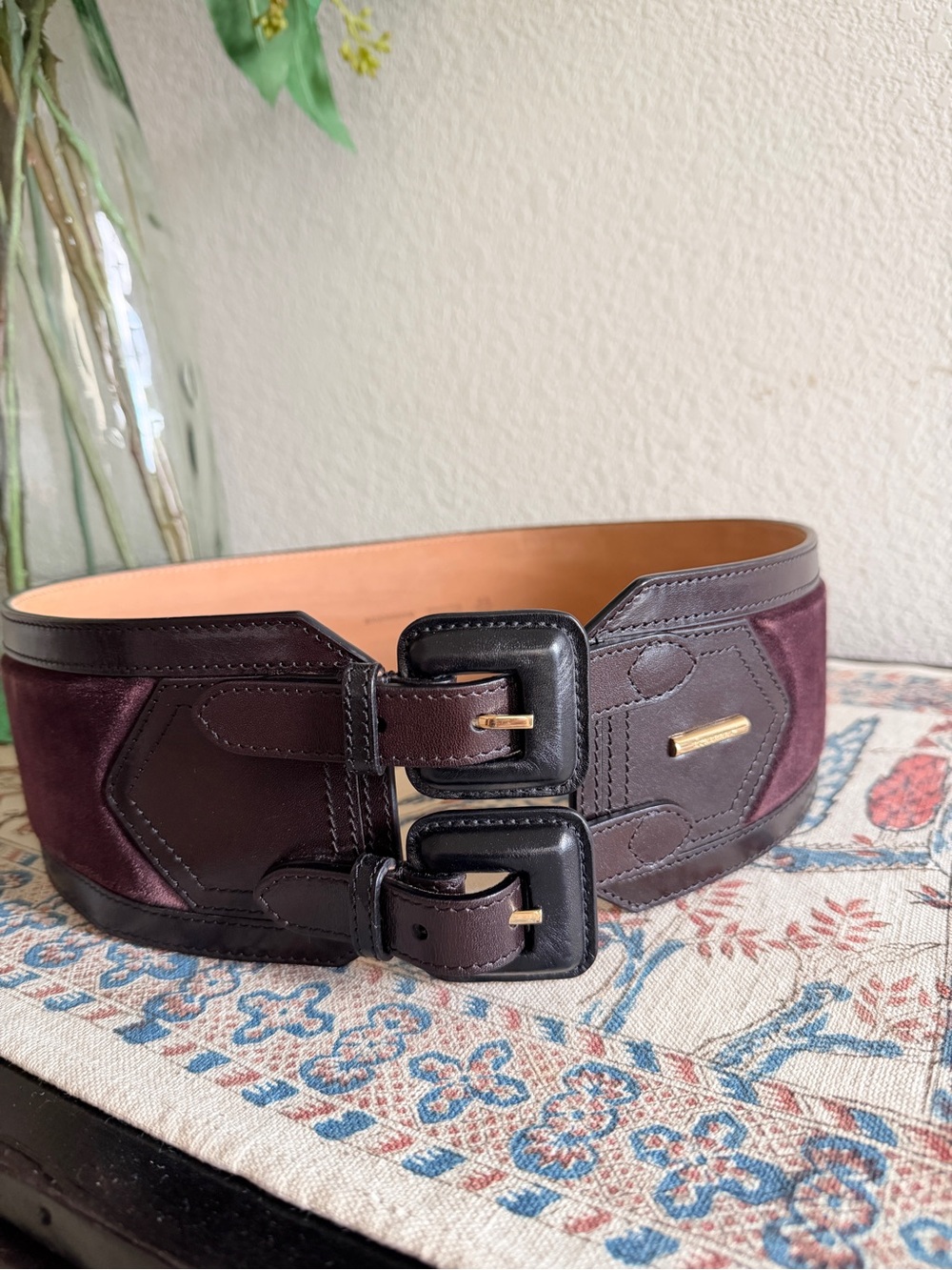 Burberry Wide Dual-Buckle Equestrian Leather Suede Waist Belt in eggplant